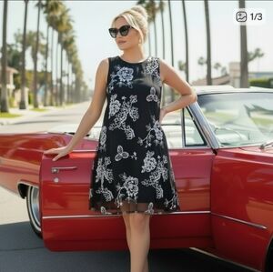 Beige by eci Black Dress with White Embroidery